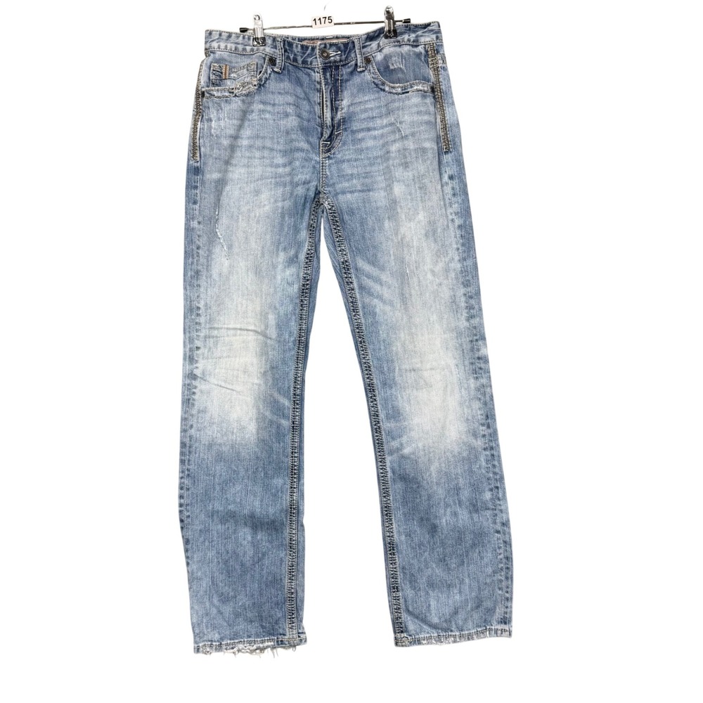 BKE Tyler Straight Leg Jeans Mens 33L Light Wash Distressed Thick Stich